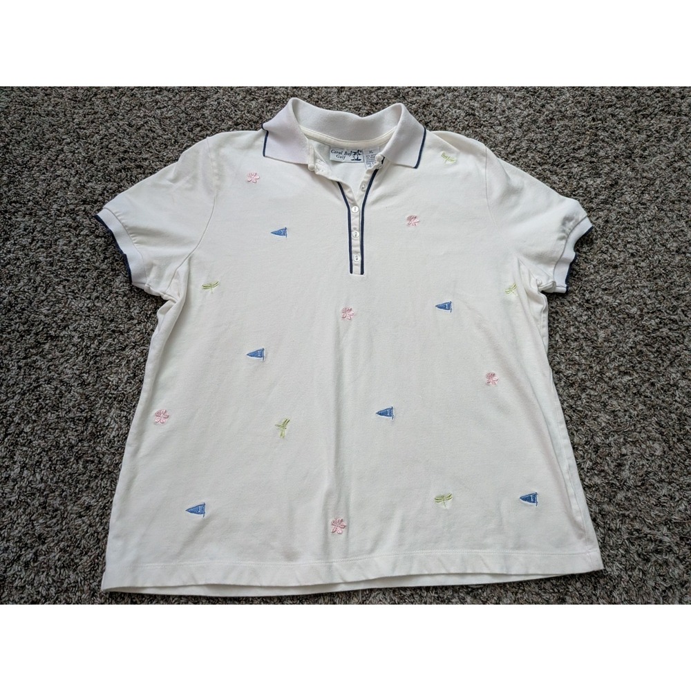 Coral‎ Bay Golf Shirt Top Womens XL Short Sleeve Buttons Embroidered Design Vtg